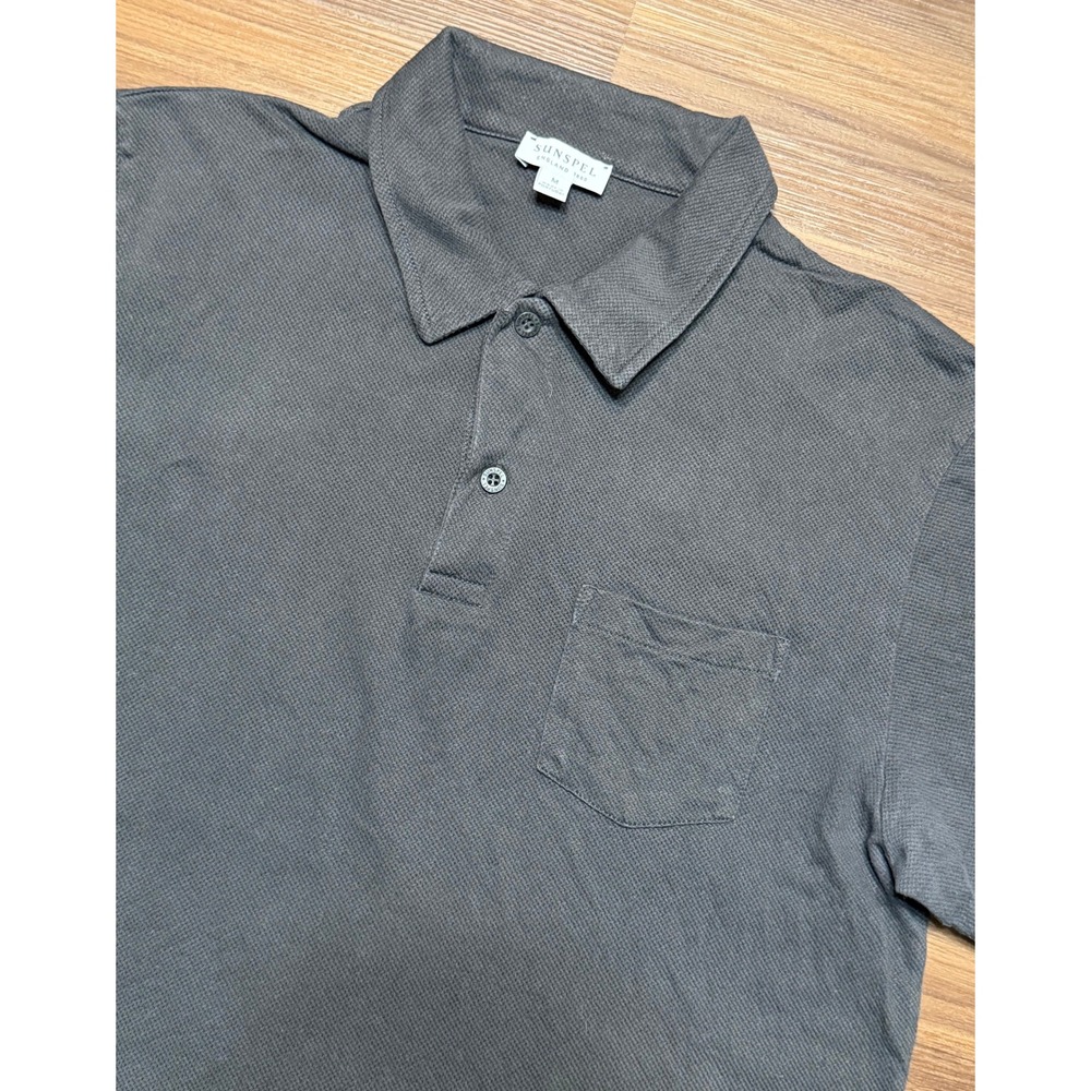 Sunspel Riviera Polo Shirt Men Charcoal Grey Knit Cotton Pique Sz M *Discolored*